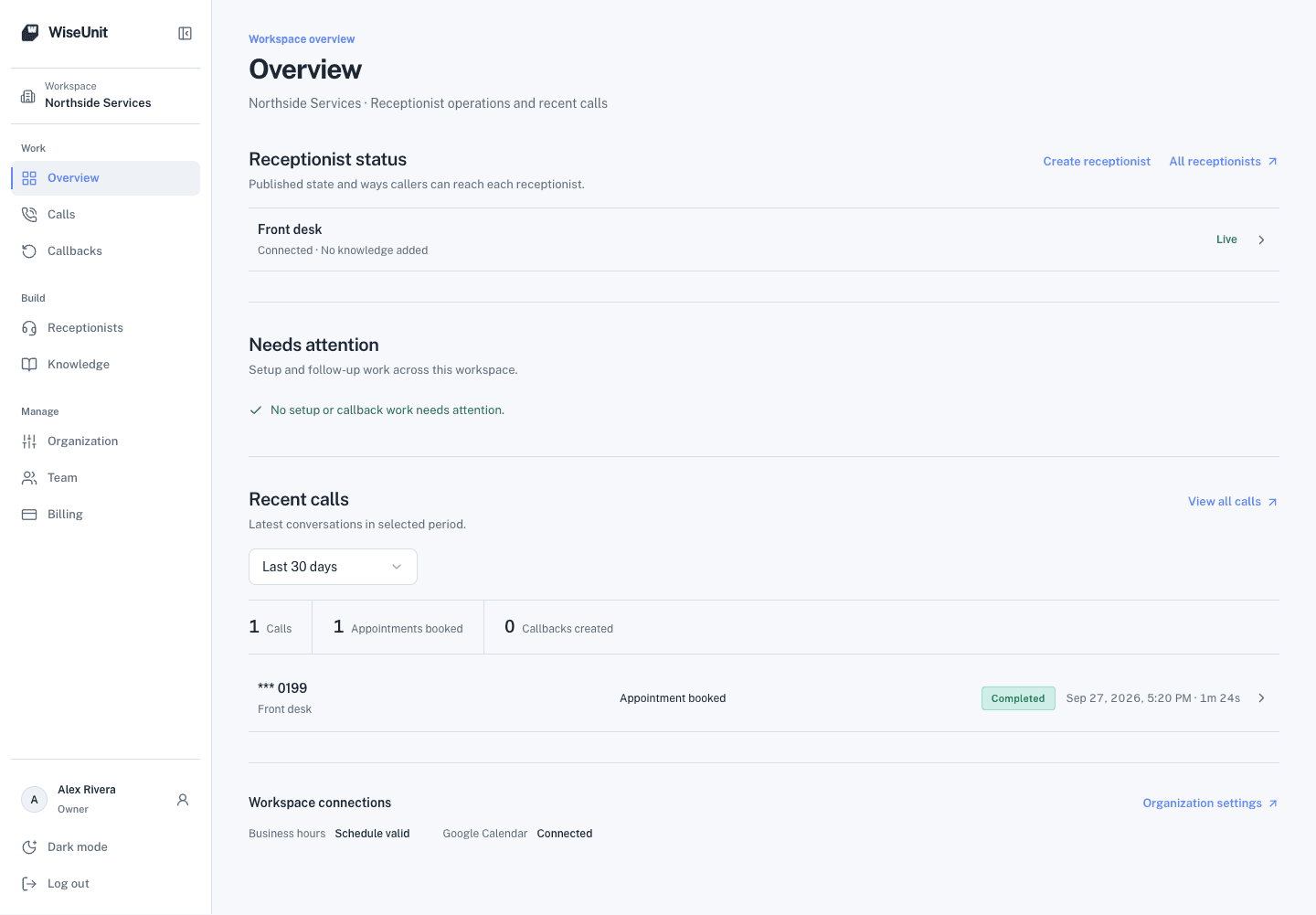 WiseUnit overview on desktop: receptionist status, needs attention and recent calls.