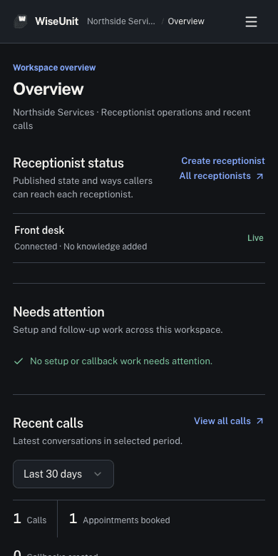 WiseUnit overview on a phone, in dark mode.