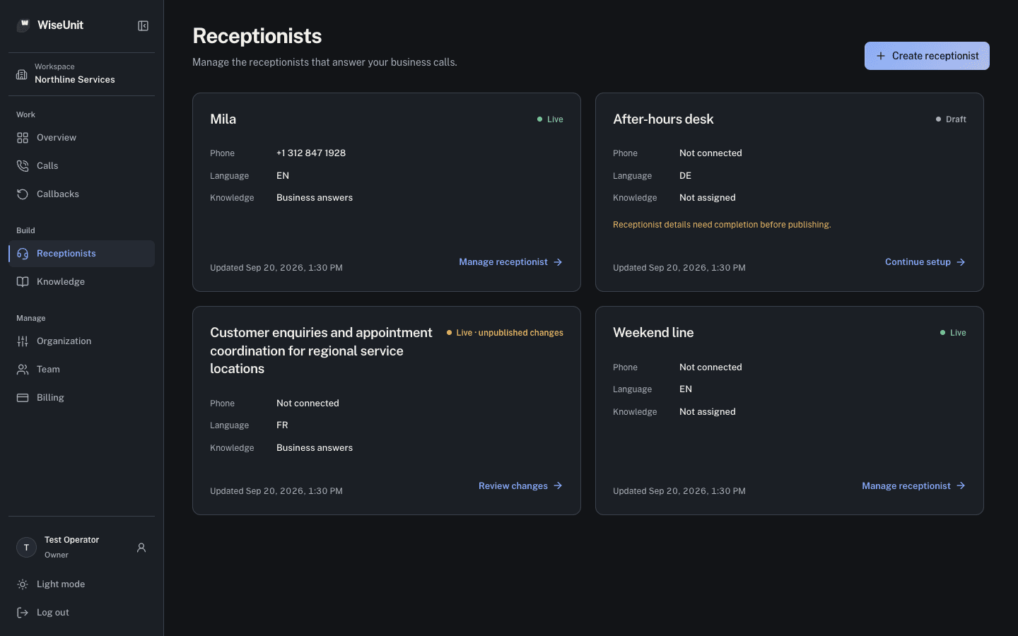 Receptionists list: Mila answering in English, an after-hours desk in German and a customer enquiries desk in French.
