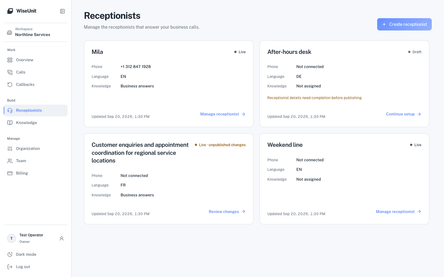 Receptionists page in WiseUnit with four receptionists: Mila, live in English; an after-hours desk in German; a customer enquiries desk in French; and a weekend line in English.