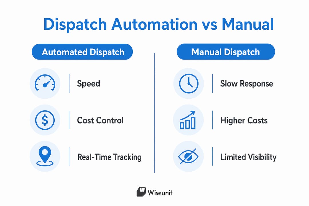 Dispatch automation compared with manual dispatch across speed, cost control, and real-time tracking.