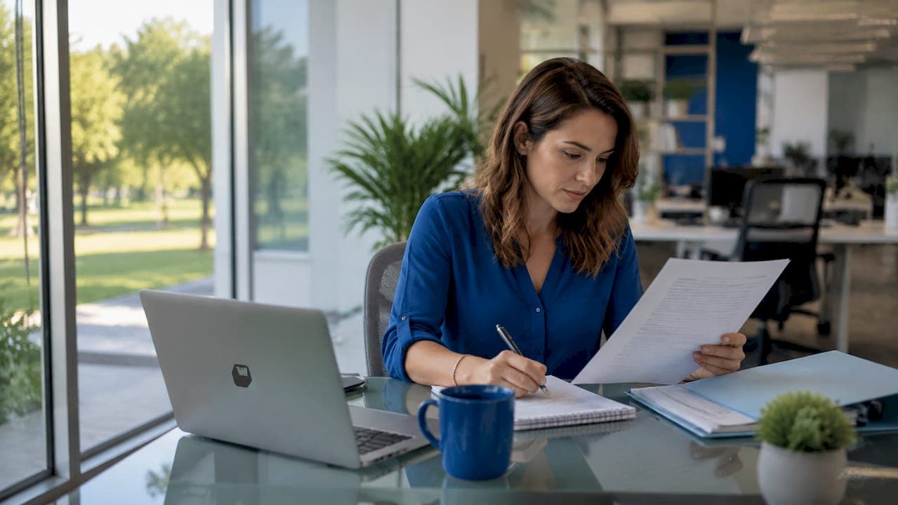 Property manager reviewing documents at a desk while coordinating maintenance work.