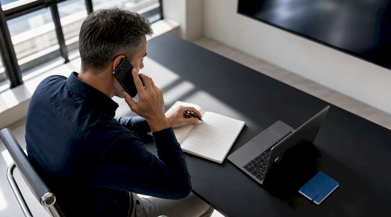Property manager on the phone coordinating a maintenance vendor while working at a desk.