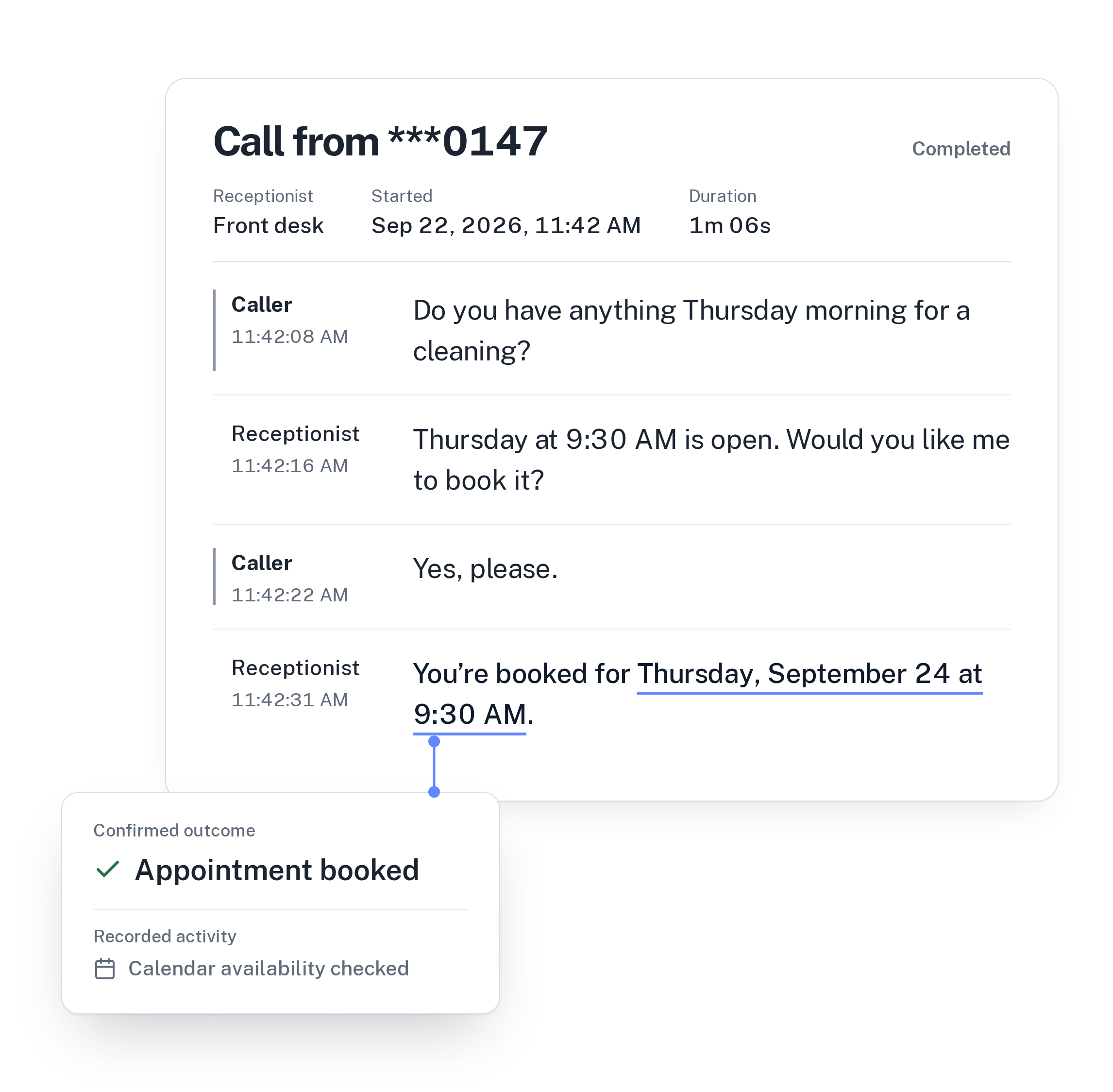 A call at 11:42 AM: the caller asks for Thursday morning, the AI receptionist books Thursday at 9:30 AM, and the call is recorded with the outcome “Appointment booked”.