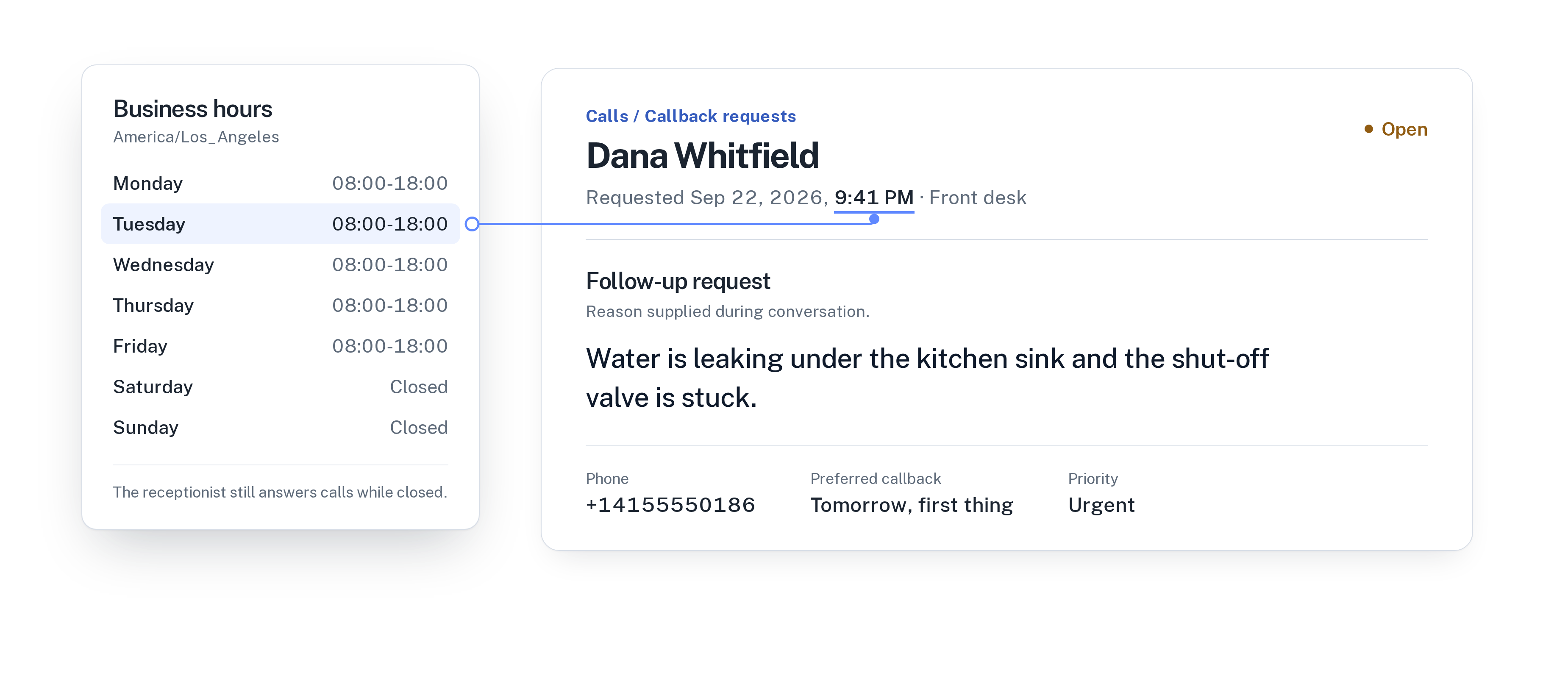Business hours Tuesday 08:00 to 18:00, and a callback request received at 9:41 PM: water leaking under the kitchen sink, callback tomorrow first thing, priority urgent.